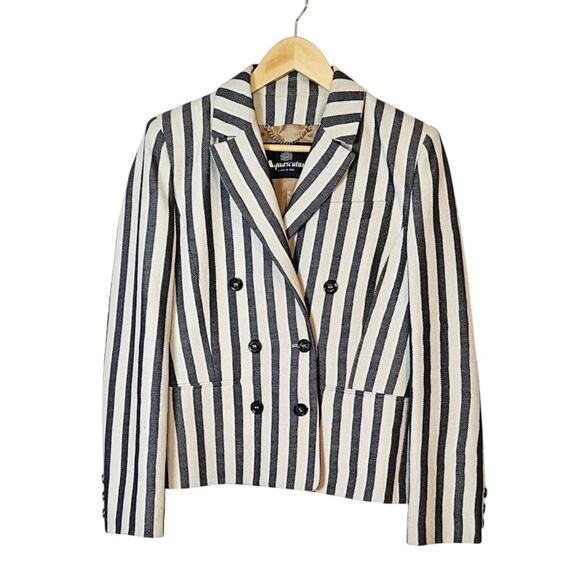 Aquascutum London Women's Blazer Size 44 US 12 Double Breasted Dark Navy Striped - Picture 1 of 12